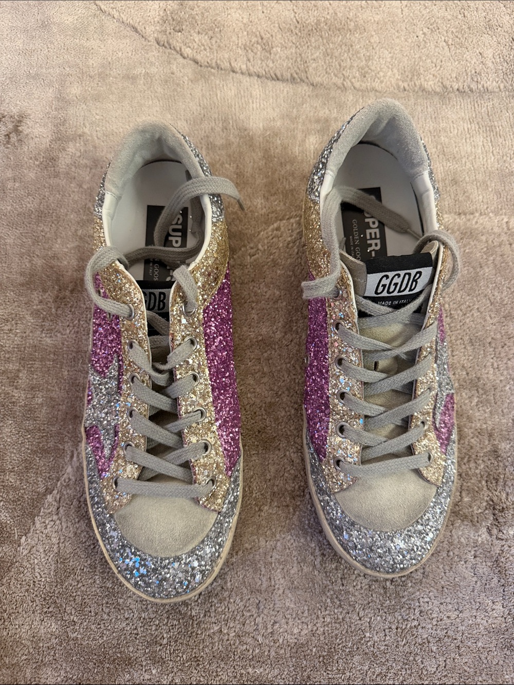 Golden Goose Glitter Low-Top Sneakers in Pink, Gold, Silver